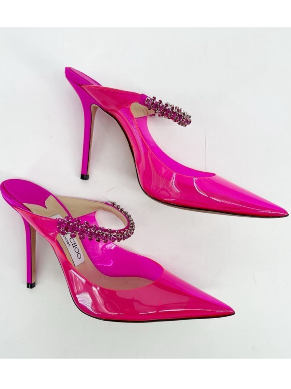 Jimmy Choo Bing Fuschia Neon Hot Pink Crystal Leather Embellished Mules Heels